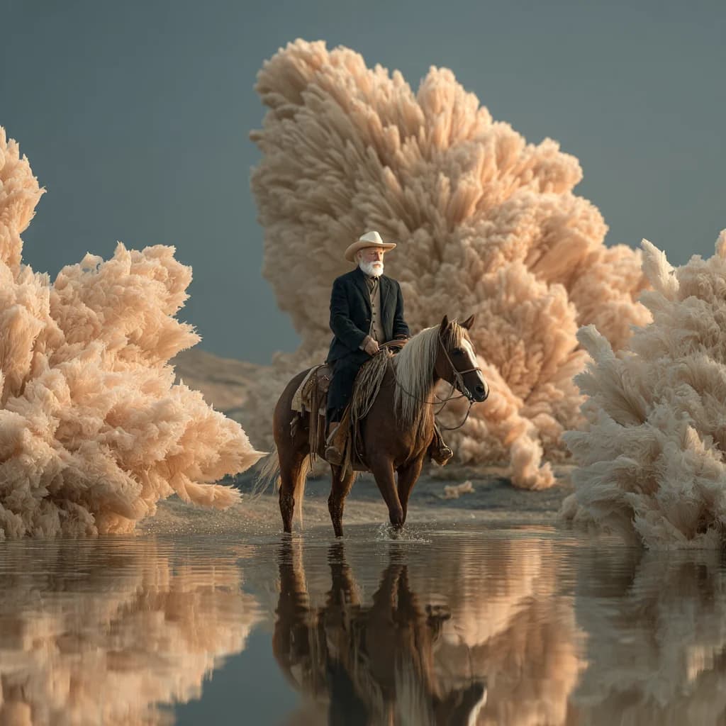 A rider crossing still water amid soft coral