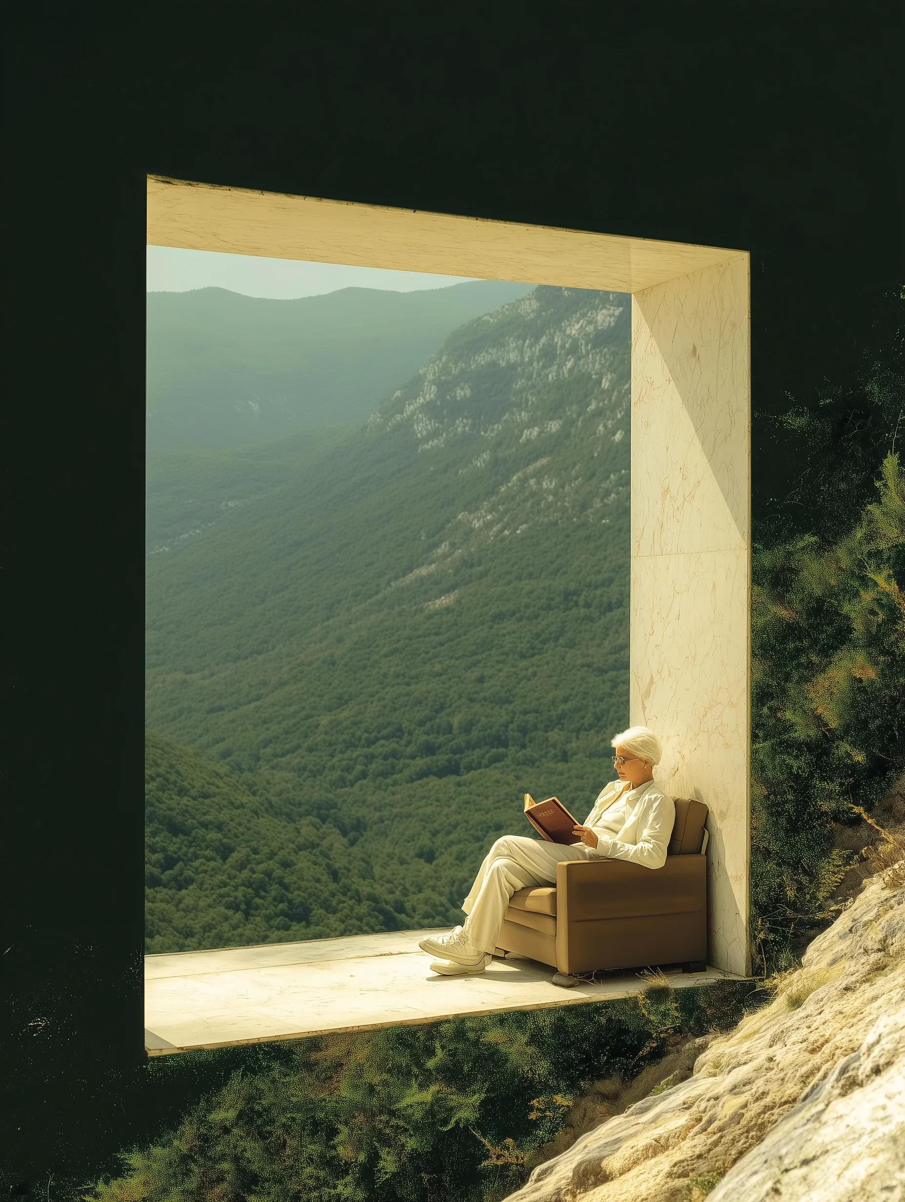 A reader seated at a stone window cut into a green mountain